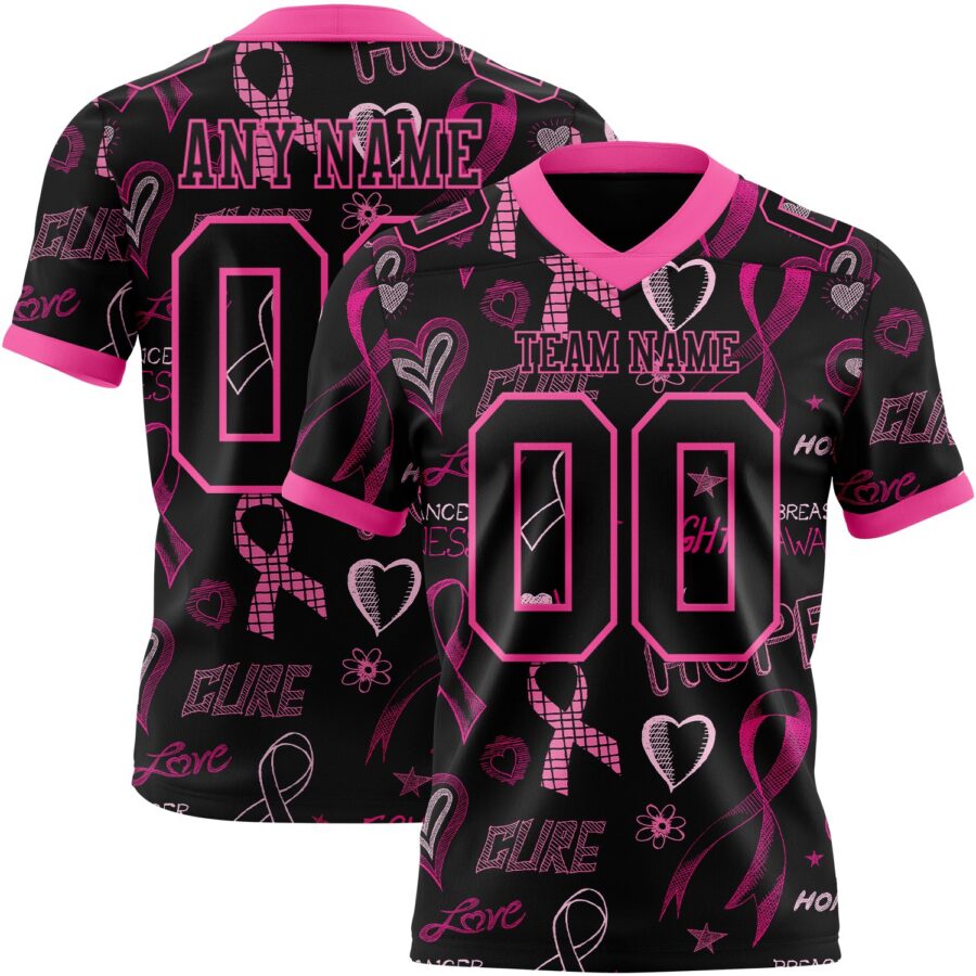 Custom Black Pink 3D Pattern Pink Ribbon Breast Cancer Awareness Month Women Health Care Support Authentic Football Jersey