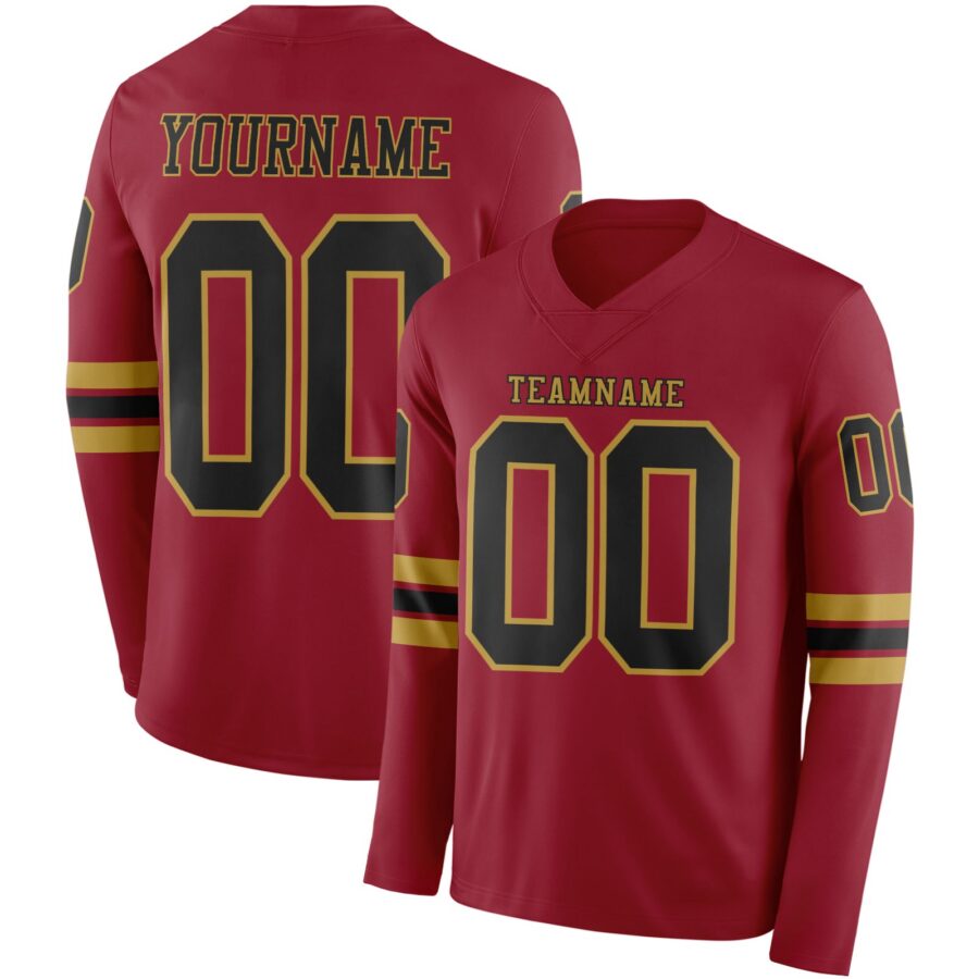 Custom Cardinal Black-Old Gold Long Sleeve Authentic Football Jersey