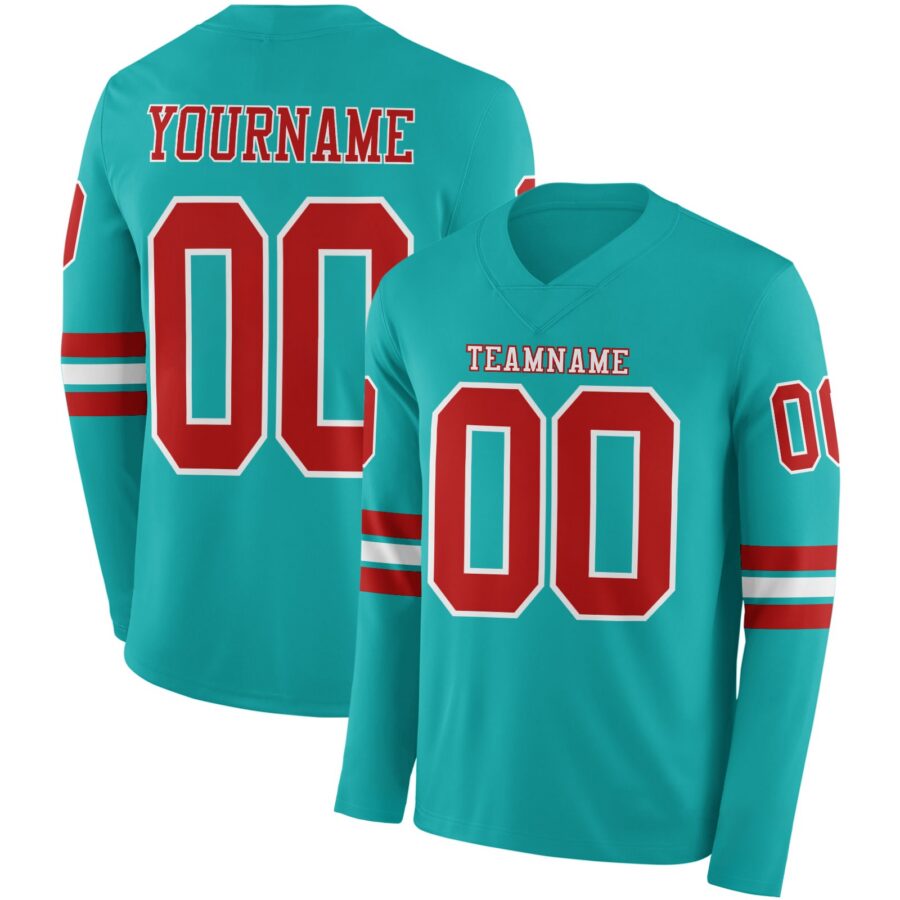 Custom Aqua Red-White Long Sleeve Authentic Football Jersey